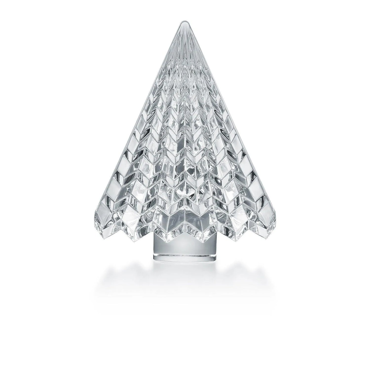 Clear crystal sculpture shaped like a faceted Christmas tree with geometric patterns