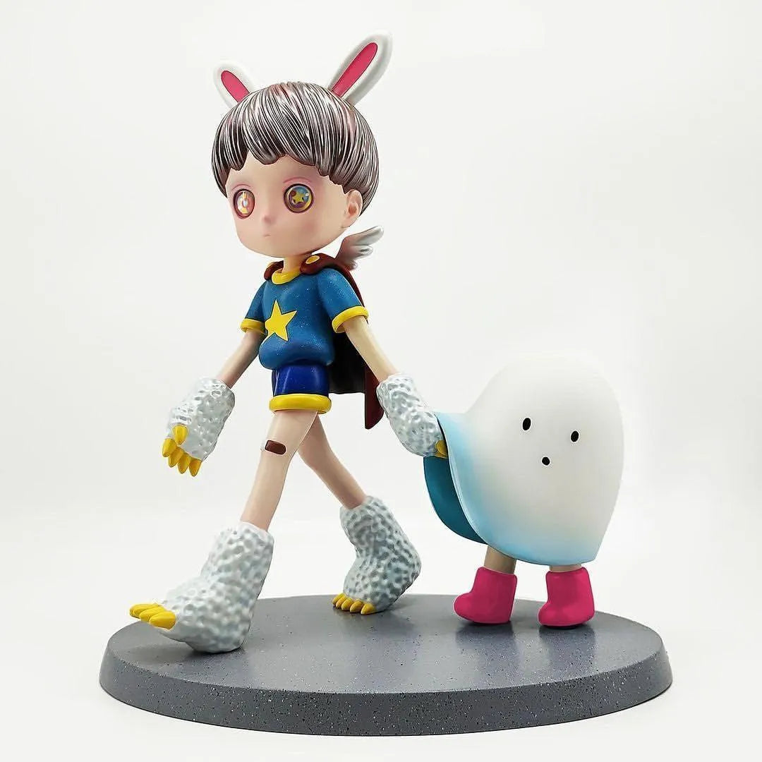 PopArtFusion collectible figure of a child with bunny ears and star shirt holding a white ghost toy with pink boots on gray base